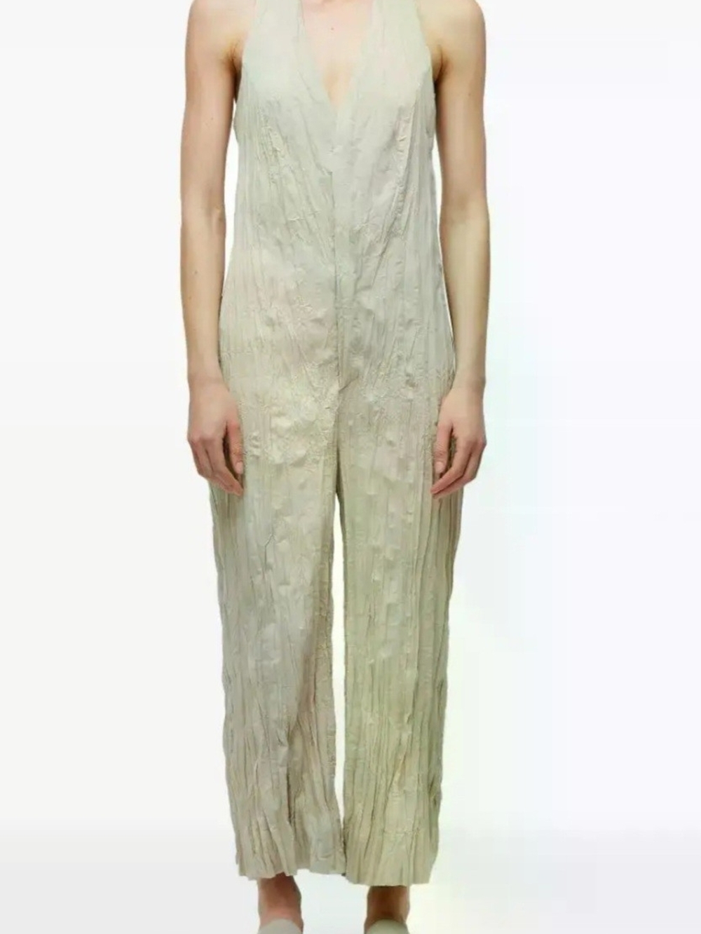 Brazilian Designer Osklen Sleeveless V-Neck Wide-Leg Jumpsuit in Light Beige